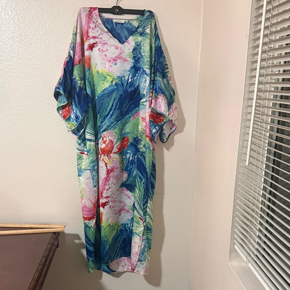 Natori Blue Floral Maxi kaftan pockets Dress private luxuries paradise palms M - Picture 3 of 9